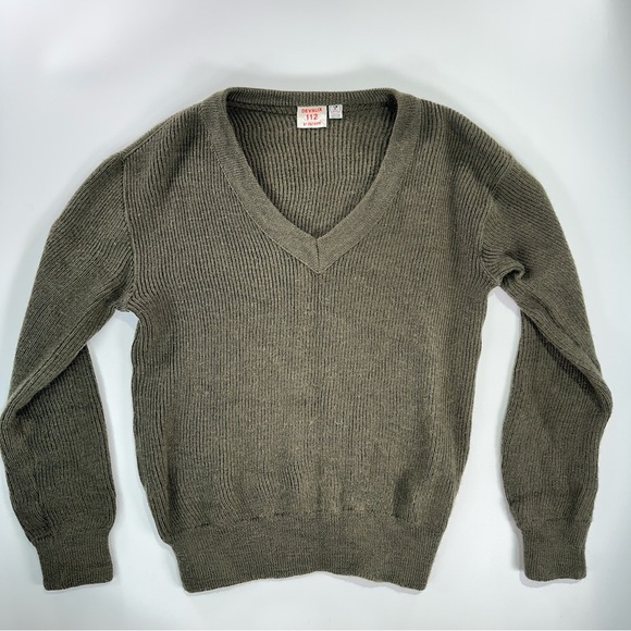 Devaux Vintage French Military V Neck Ribbed Knit Sweater Green Size 112 - Picture 2 of 9